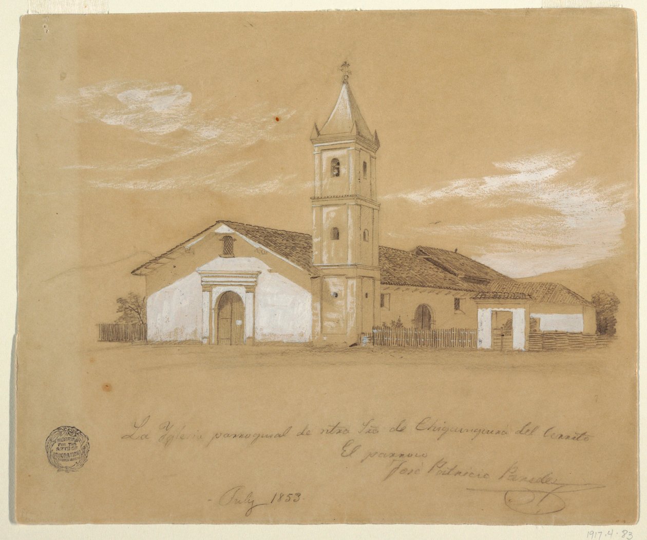 Rajz, Chiquinquira del Cerrito-i Miasszonyunk plébániatemplom,Chiquinquira, Kolumbia, 1853. július alkotó: Frederic Edwin Church
