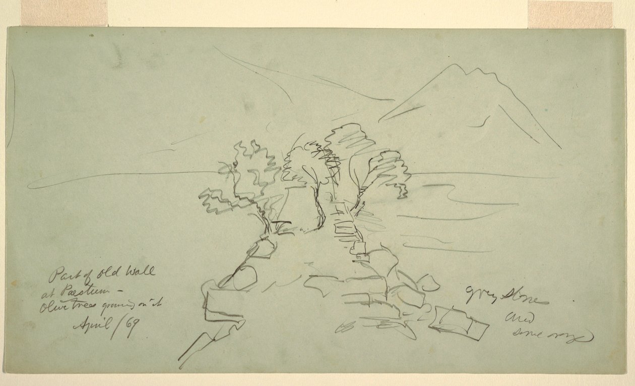 Rajz, Régi fal egy része Paestumban, rajta olajfák nőnek, 1869. április alkotó: Frederic Edwin Church
