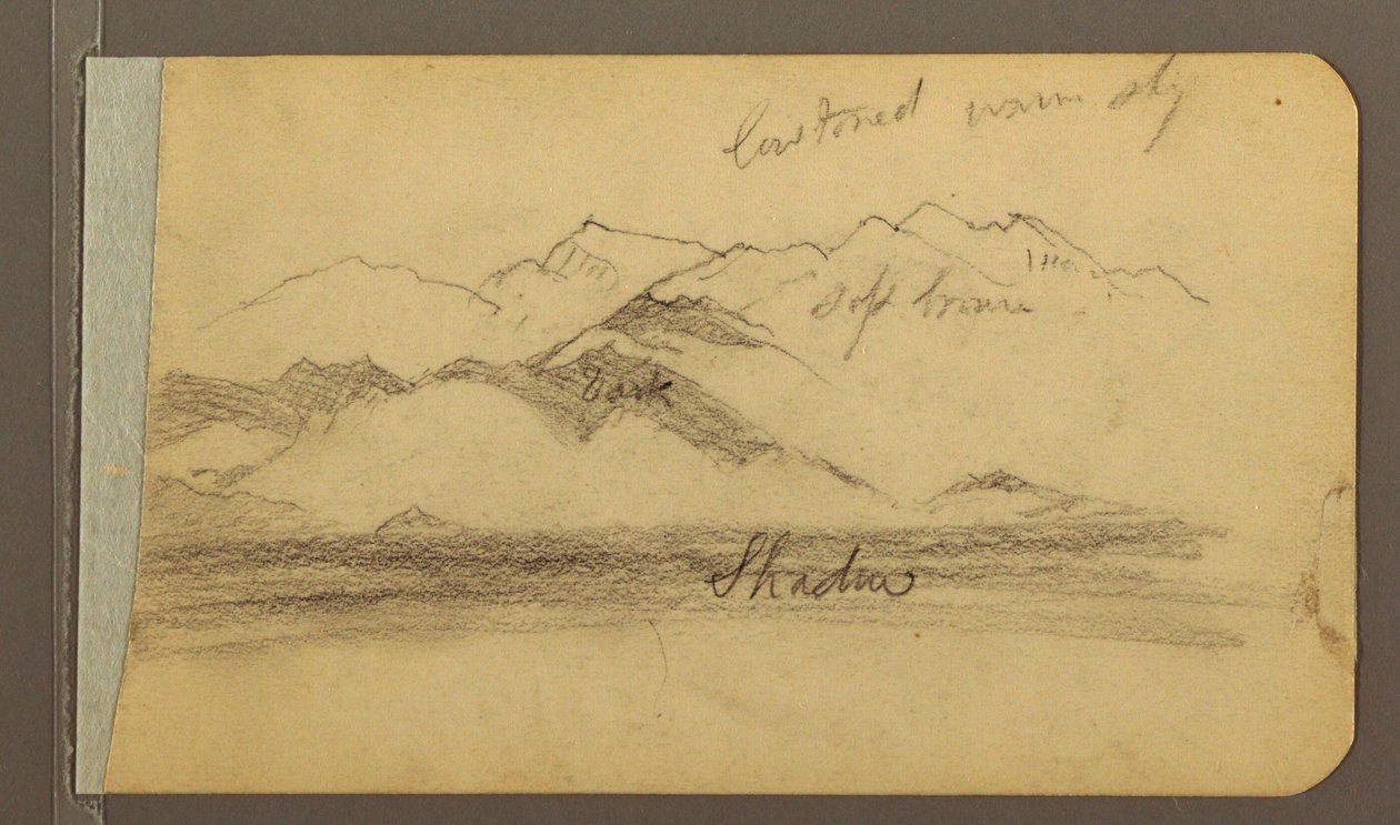 Rajz, Az Orizaba csúcsa, ábra; hátoldal: Síkság és hegyvonulatok, 1889 alkotó: Frederic Edwin Church