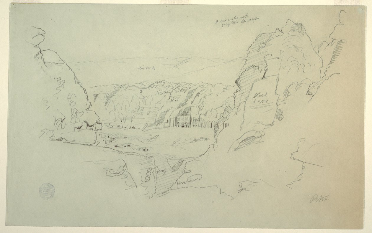 Rajz, Petra, Jordánia nyugatról, a palota és a korinthoszi sírok, 1868. február 26. alkotó: Frederic Edwin Church
