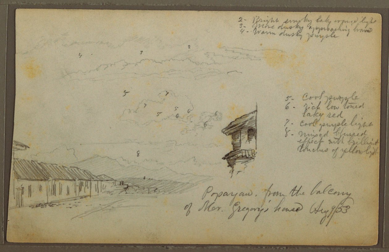 Rajz, Popayan, Kolumbia; hátoldal: Hegyvidéki táj, Kolumbia, 1853. augusztus 9. alkotó: Frederic Edwin Church