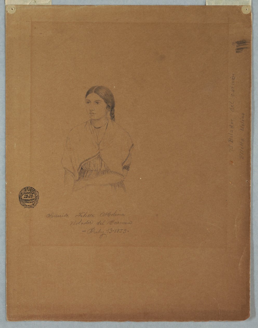 Rajz, Bolíviai lány portréja: Senorita Filetta Molina Bolador del Carmen, Kolumbia, 1853. július 13. alkotó: Frederic Edwin Church