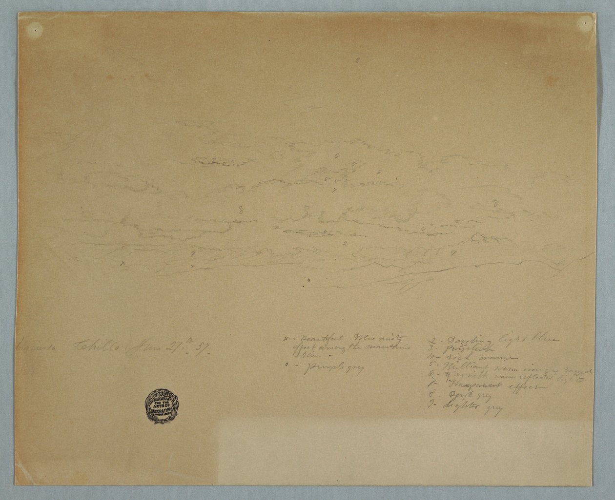 Rajz, Felhős égből eső esik a hegygerincek felett, Hacienda Chillo, Ecuador, 1857. július 27. alkotó: Frederic Edwin Church