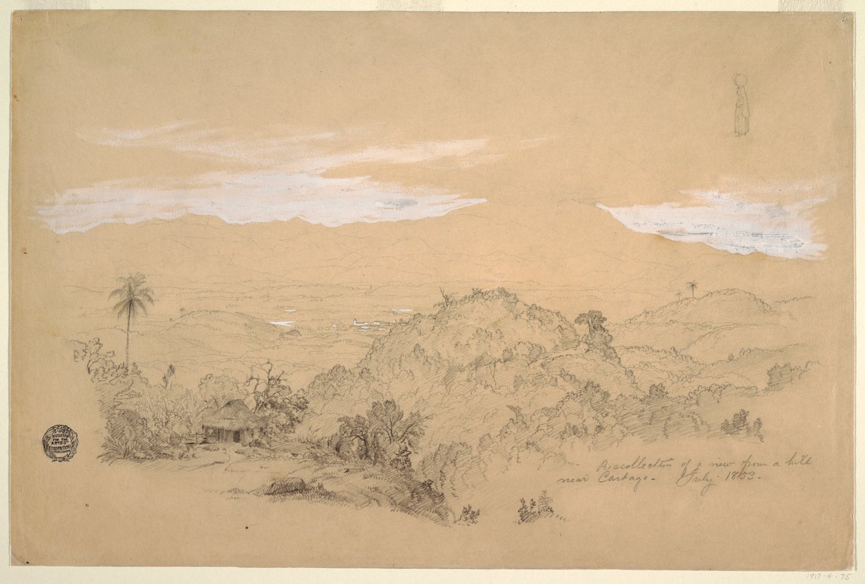 Rajz, Emlékek egy kilátásról egy Cartago melletti dombról, Kolumbia, egy vízzel teli edényt a fején cipelő nővel, 1853. július alkotó: Frederic Edwin Church