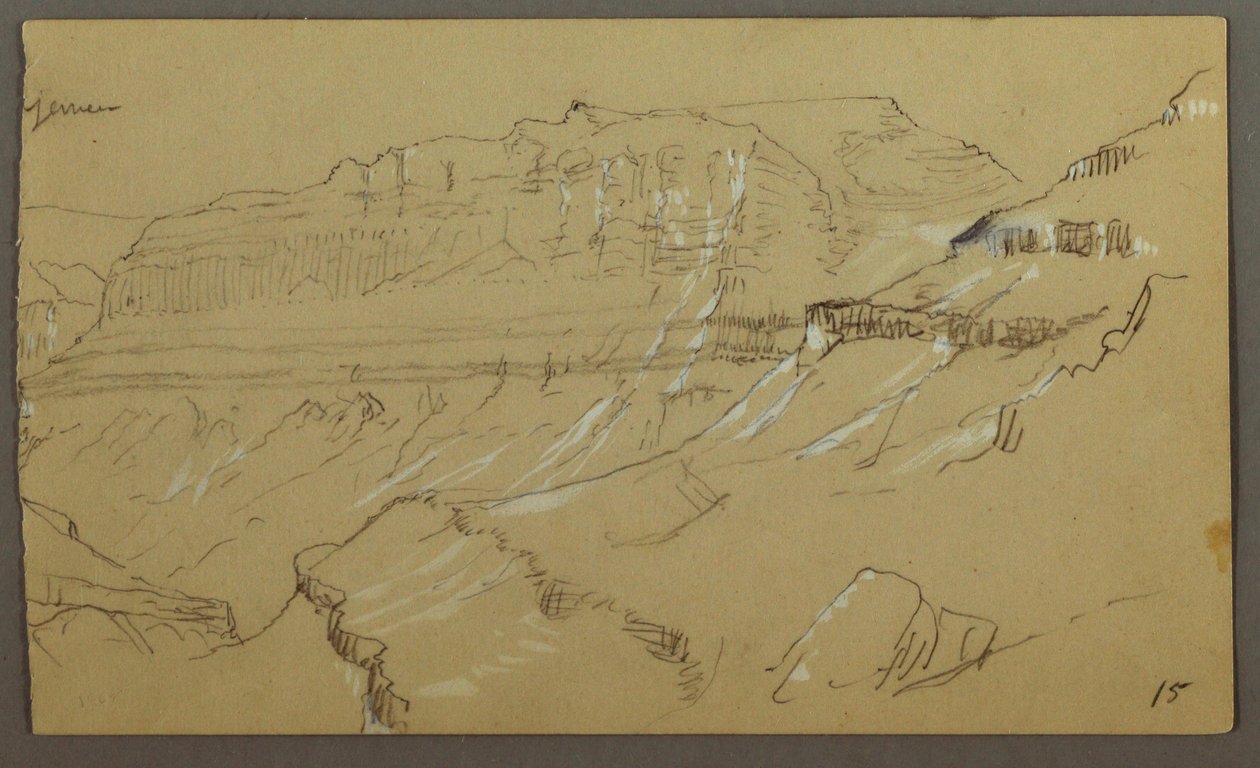 Rajz, az arabiai El Jemen völgyének vázlatának jobb oldali része: Távoli nézet, 1868. február 20. alkotó: Frederic Edwin Church