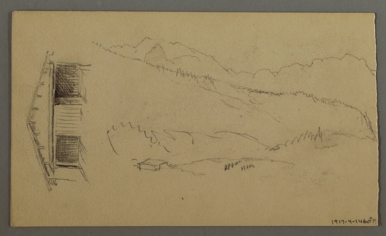 Rajz, háztetők, kapu, hegycsúcsok, 1868. augusztus alkotó: Frederic Edwin Church