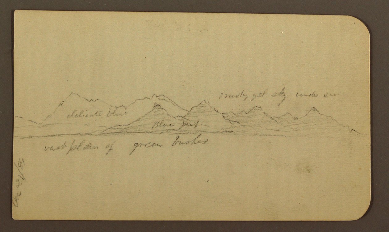 Rajz, Sziklás hegy a síkságon; hátoldalon: alakok, tájkép, 1884. december 12. alkotó: Frederic Edwin Church
