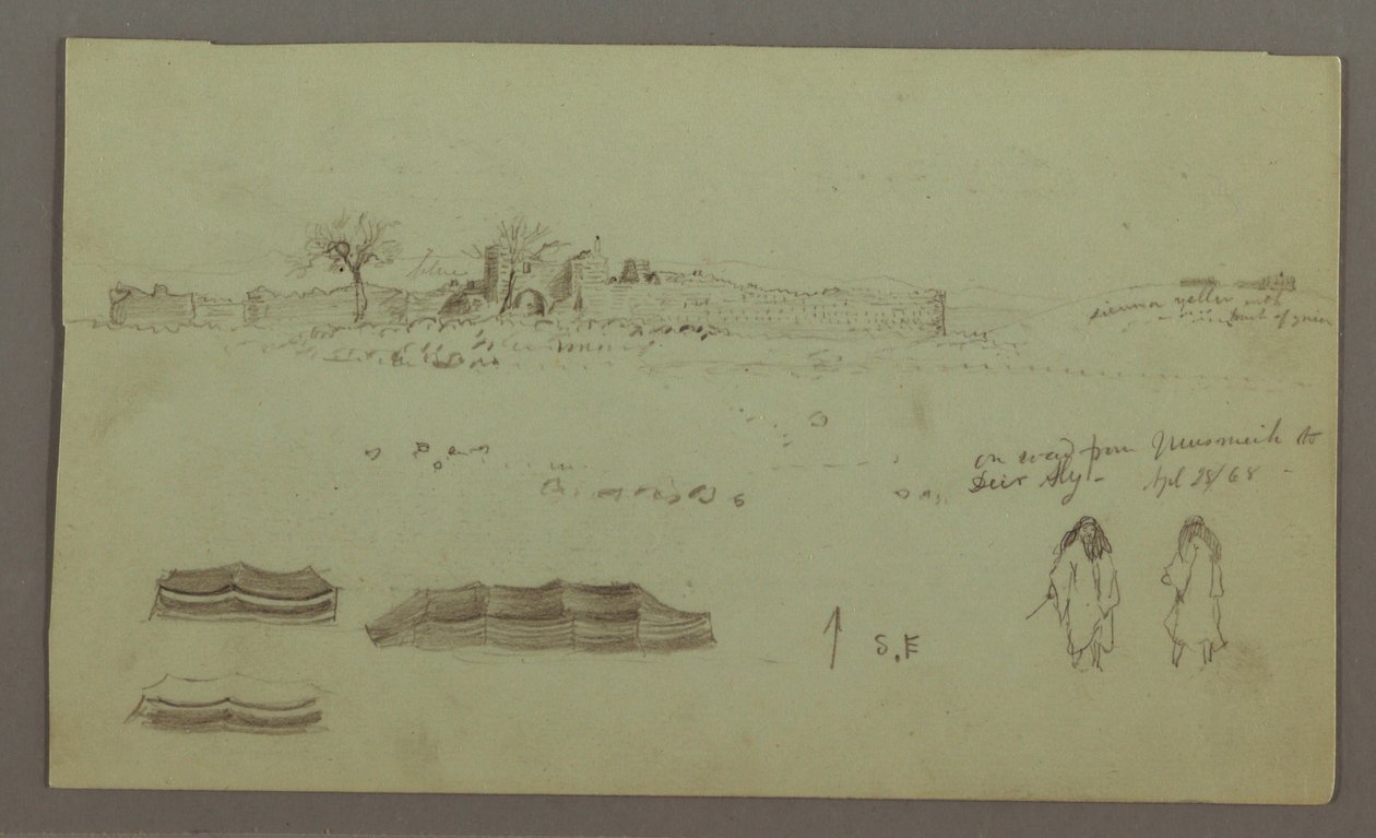 Rajz, Falakkal körülvett romok, sátrak, két alakos tanulmány, 1868. április 28. alkotó: Frederic Edwin Church