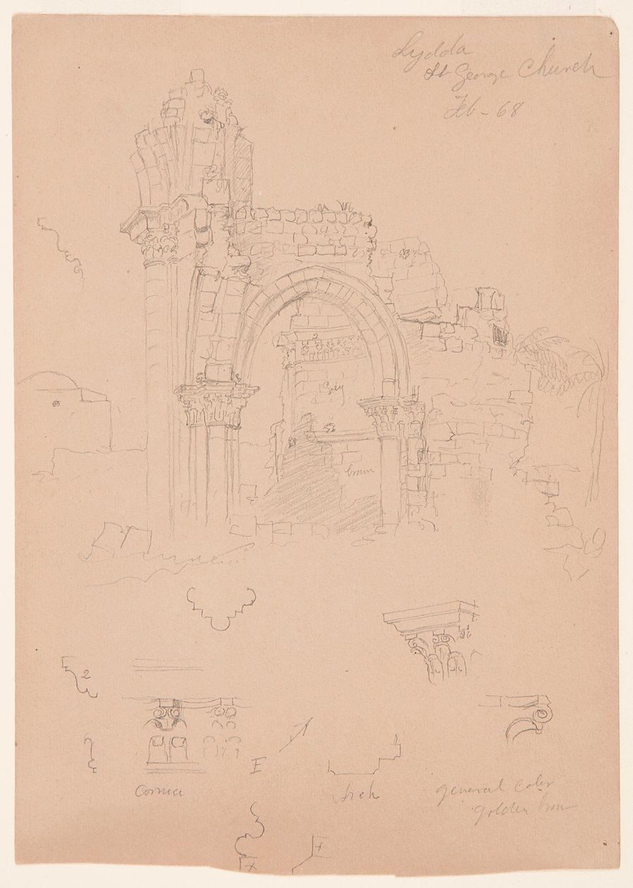 Rajz, Szent György templom romjai, Lydda [ma Lod], 1868. február 7. alkotó: Frederic Edwin Church