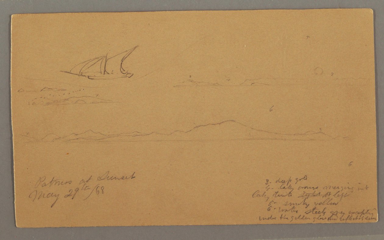 Rajz, vitorlás, hegyvidéki part, szigetek, 1868. május 29. alkotó: Frederic Edwin Church