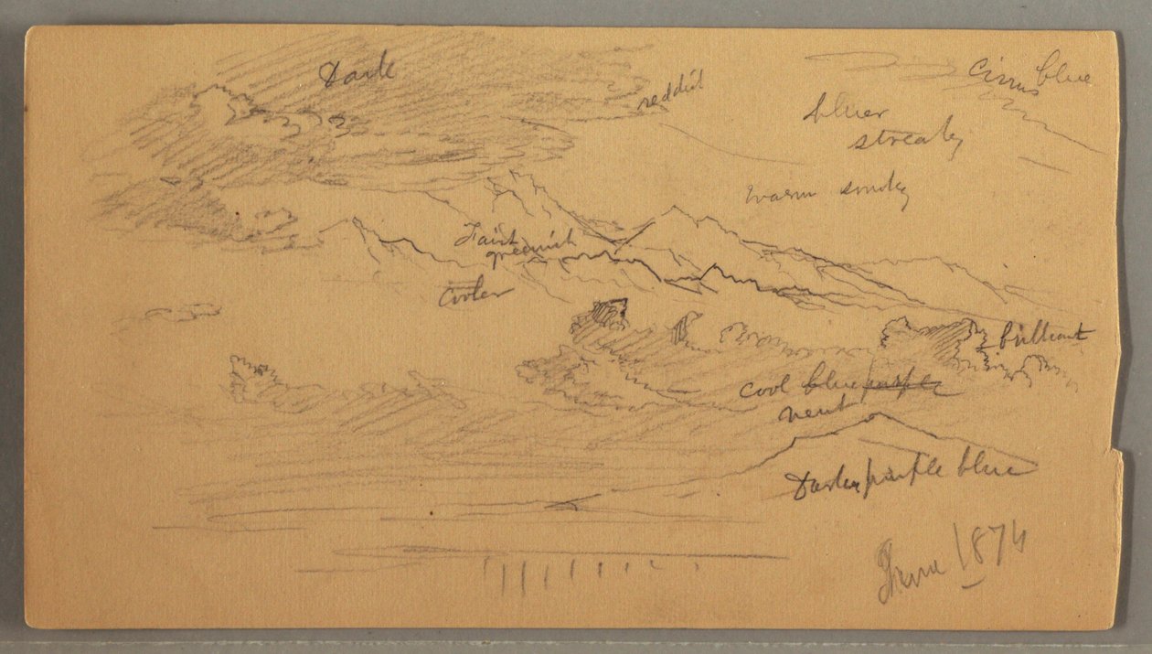 Rajz, Éles hegycsúcsok, felhős ég, 1874. június alkotó: Frederic Edwin Church