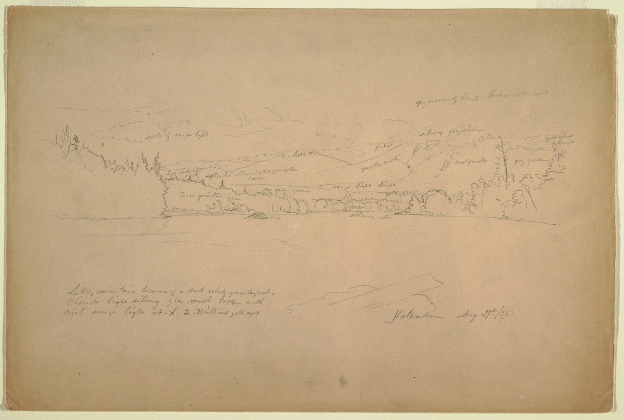 Rajz, A tó partja és a Katahdin hegy lábánál, 1856. augusztus 29. alkotó: Frederic Edwin Church