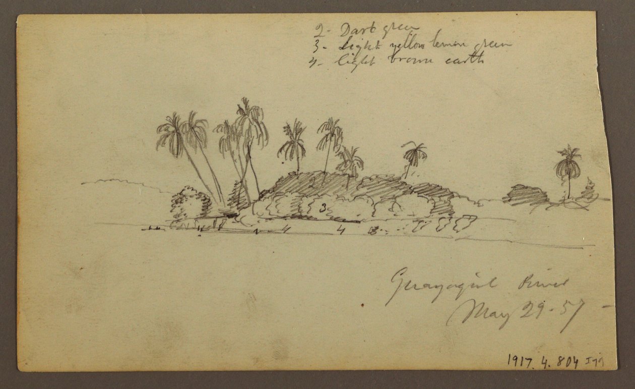 Rajz, Ég a tenger felett; hátoldal: A Guayas folyó partja Guayaquil közelében, Ecuador, 1857. május 29. alkotó: Frederic Edwin Church