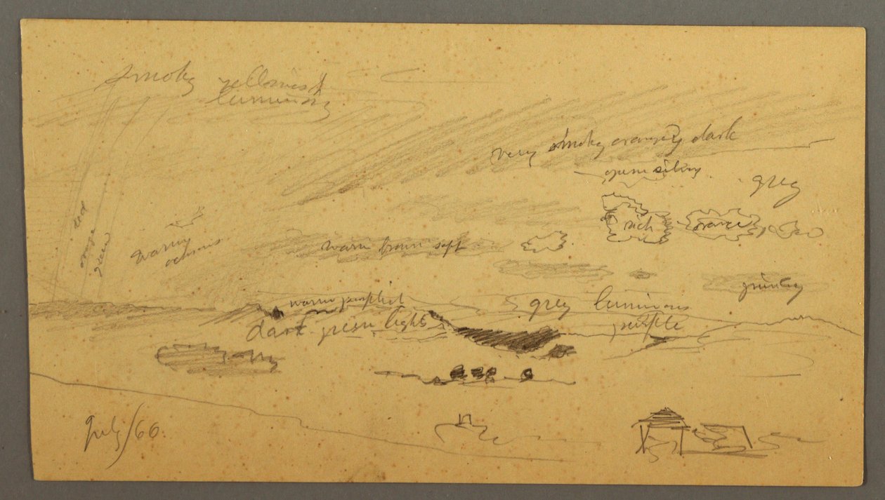Rajz, Égi tanulmány a hegygerinc és a szivárvány felett, 1866. július alkotó: Frederic Edwin Church
