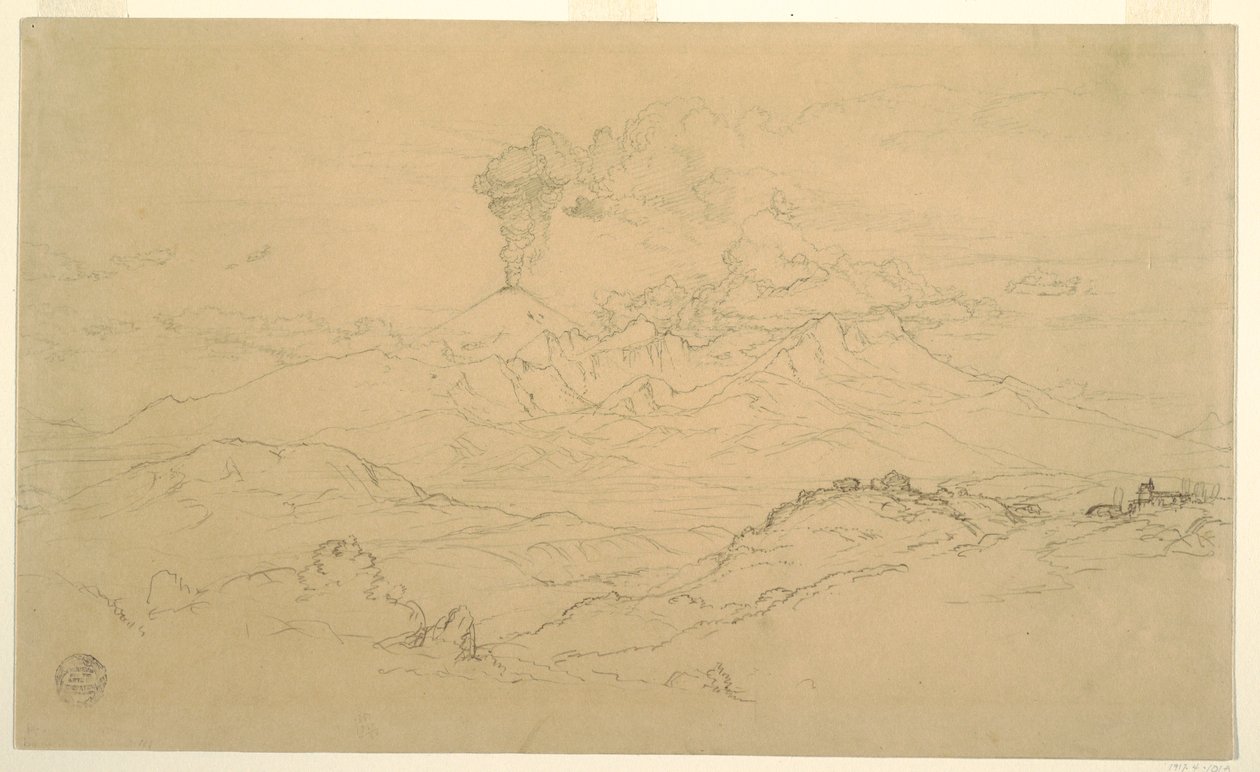 Rajz, A Cotopaxi vulkánból felszálló füst, Ecuador, 1857 alkotó: Frederic Edwin Church