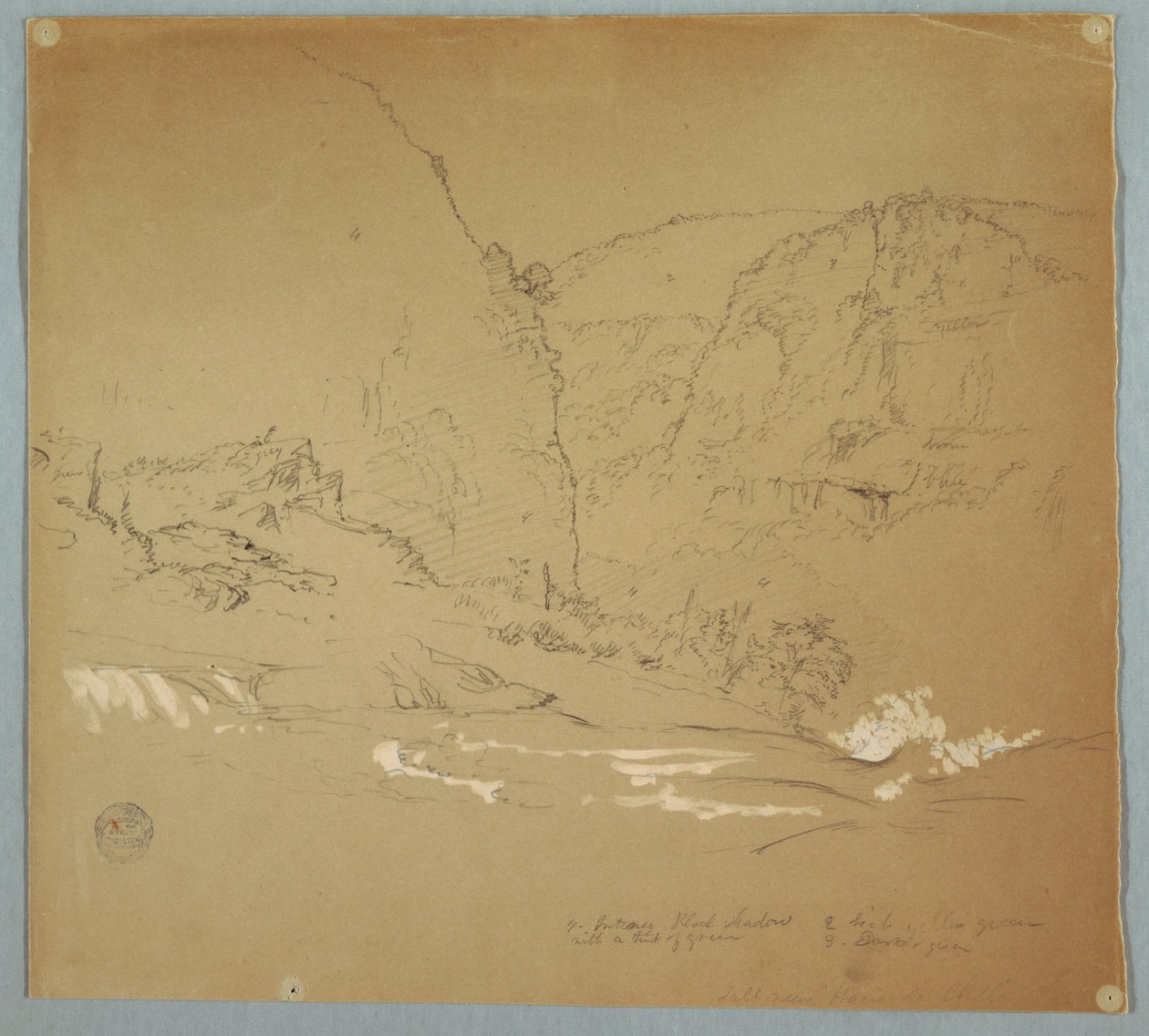 Rajz, A vízesés pereméhez vezető patak a Hacienda Chillo közelében, Ecuador, 1857. június 26. alkotó: Frederic Edwin Church