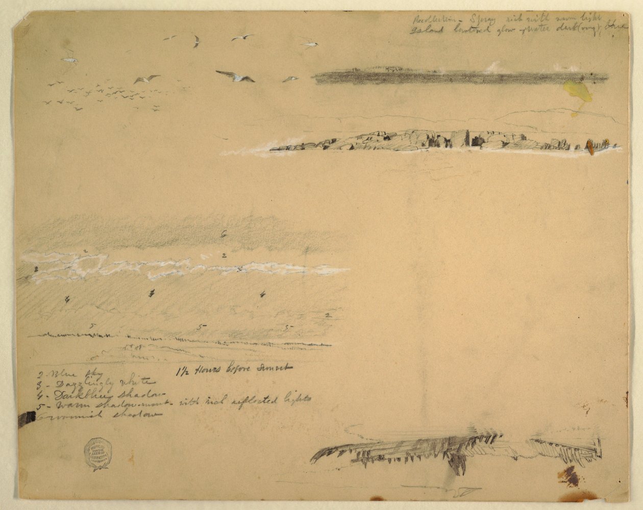 Rajz, Sirályok, sziklás part és felhős égbolt, Great Manan, Kanada, 1851. szeptember alkotó: Frederic Edwin Church