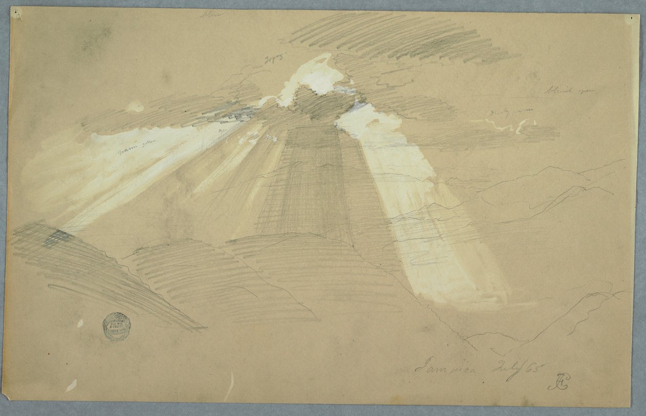 Rajz, Nap ragyog a felhőkön keresztül, Jamaica, 1865 július alkotó: Frederic Edwin Church