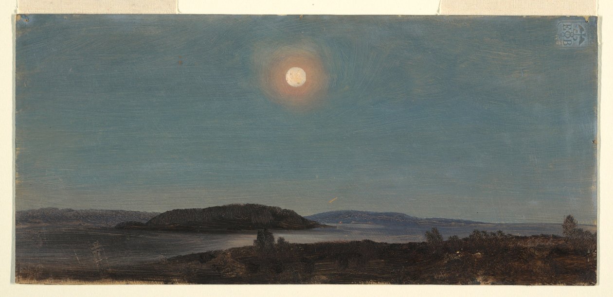 Rajz, Nap vagy Holdfelkelte a Porcupine-szigetek felett, Bar Harbor, 1860 körül. alkotó: Frederic Edwin Church