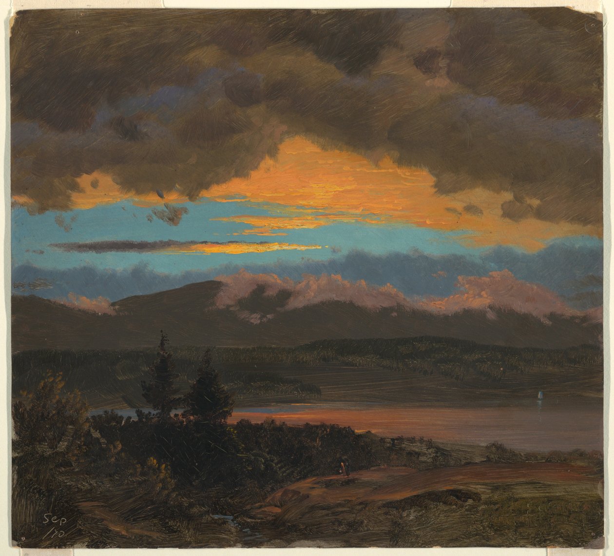 Rajz, Naplemente a Hudson-völgyön, New York, 1870 szeptembere alkotó: Frederic Edwin Church