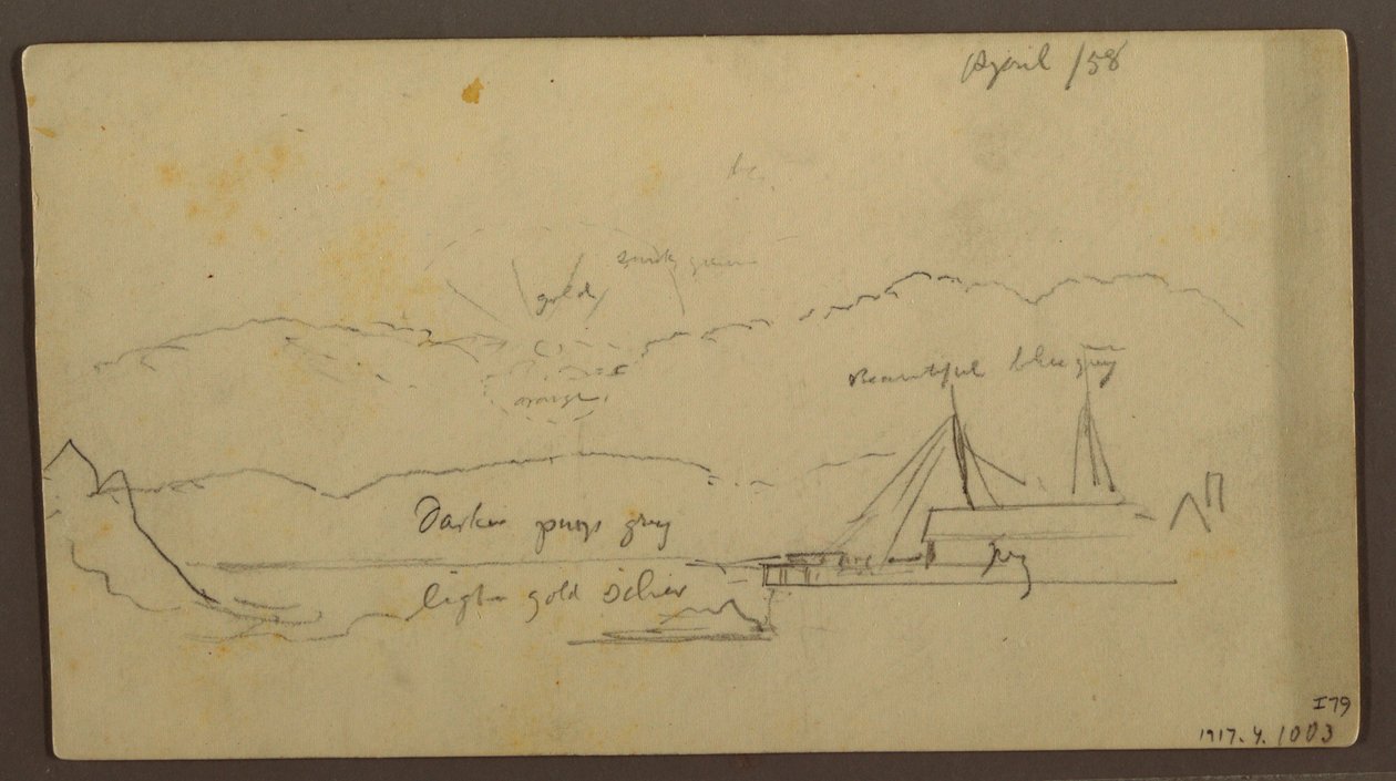 Rajz, Naplemente a parton hajóval, 1858 alkotó: Frederic Edwin Church