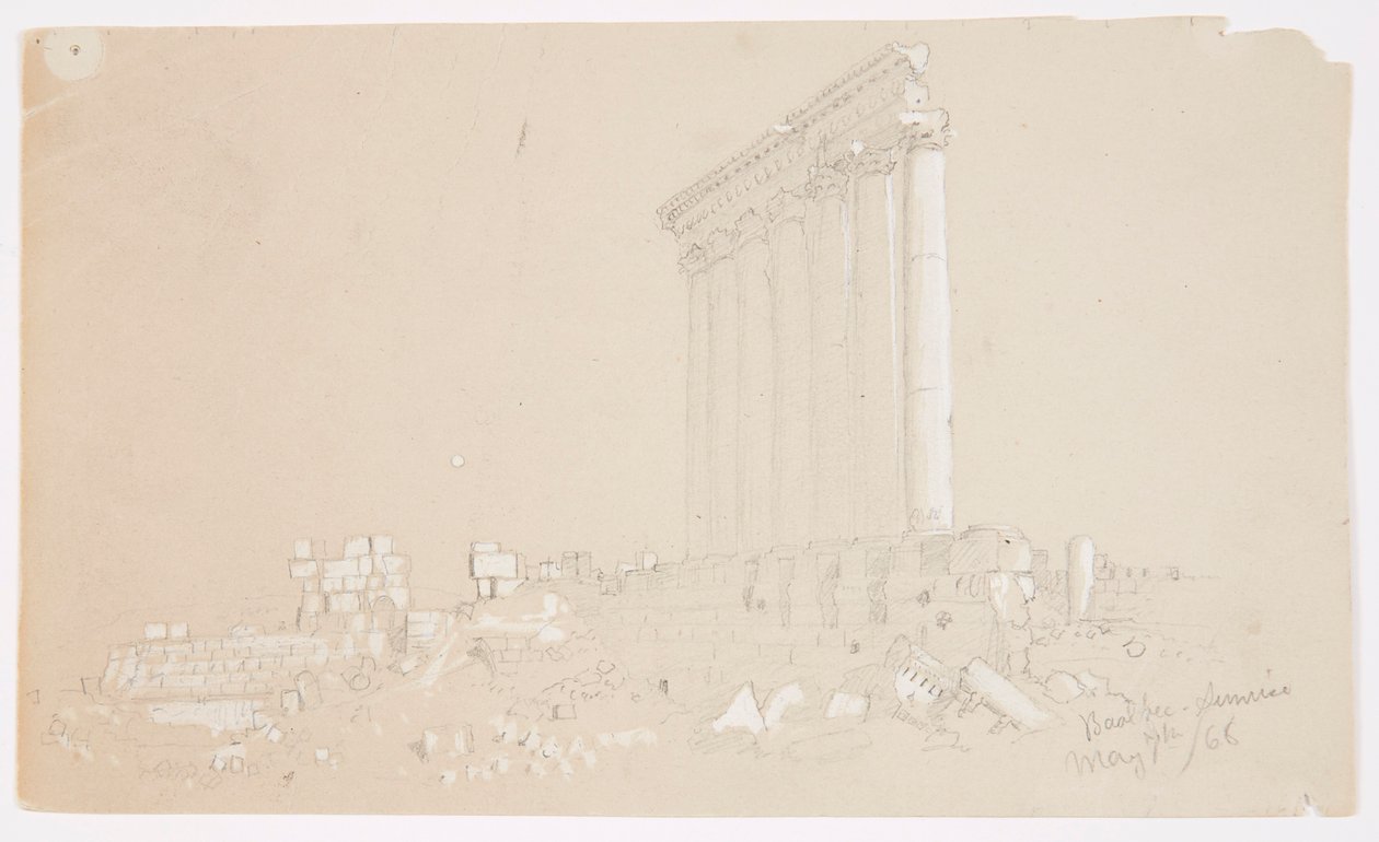 Rajz, Jupiter temploma napfelkeltekor, Baalbek, 1868. május 7. alkotó: Frederic Edwin Church