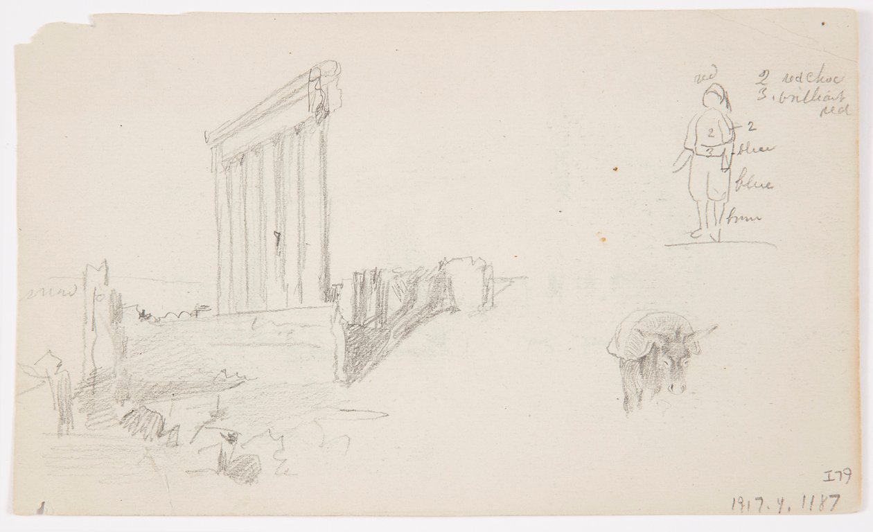Rajz, Jupiter temploma napfelkeltekor, Baalbek, 1868. május 7. alkotó: Frederic Edwin Church