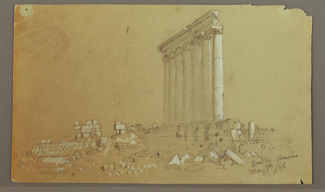 Rajz, Jupiter temploma napfelkeltekor, Baalbek, 1868. május 7. alkotó: Frederic Edwin Church