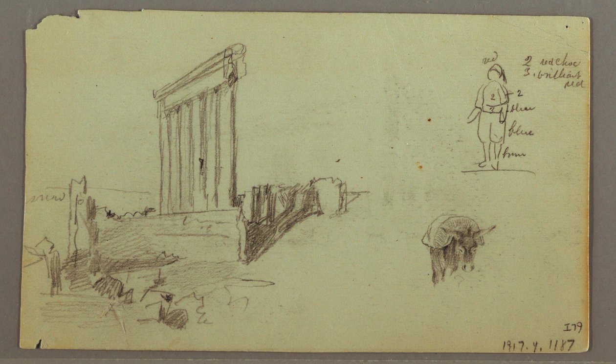 Rajz, Jupiter temploma napfelkeltekor, Baalbek, 1868. május 7. alkotó: Frederic Edwin Church