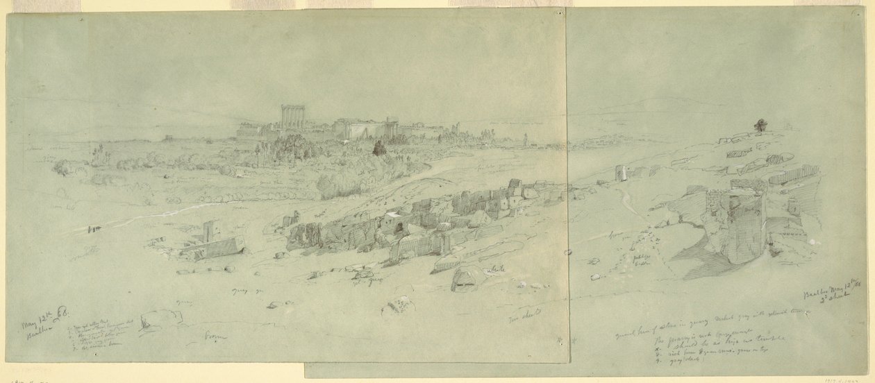 Rajz, Templomok reggel, Baalbek, 1868. május 12. alkotó: Frederic Edwin Church