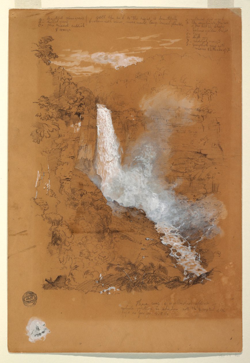 Rajz, Tequendama-vízesés Bogotá közelében, Kolumbia, 1853. július alkotó: Frederic Edwin Church