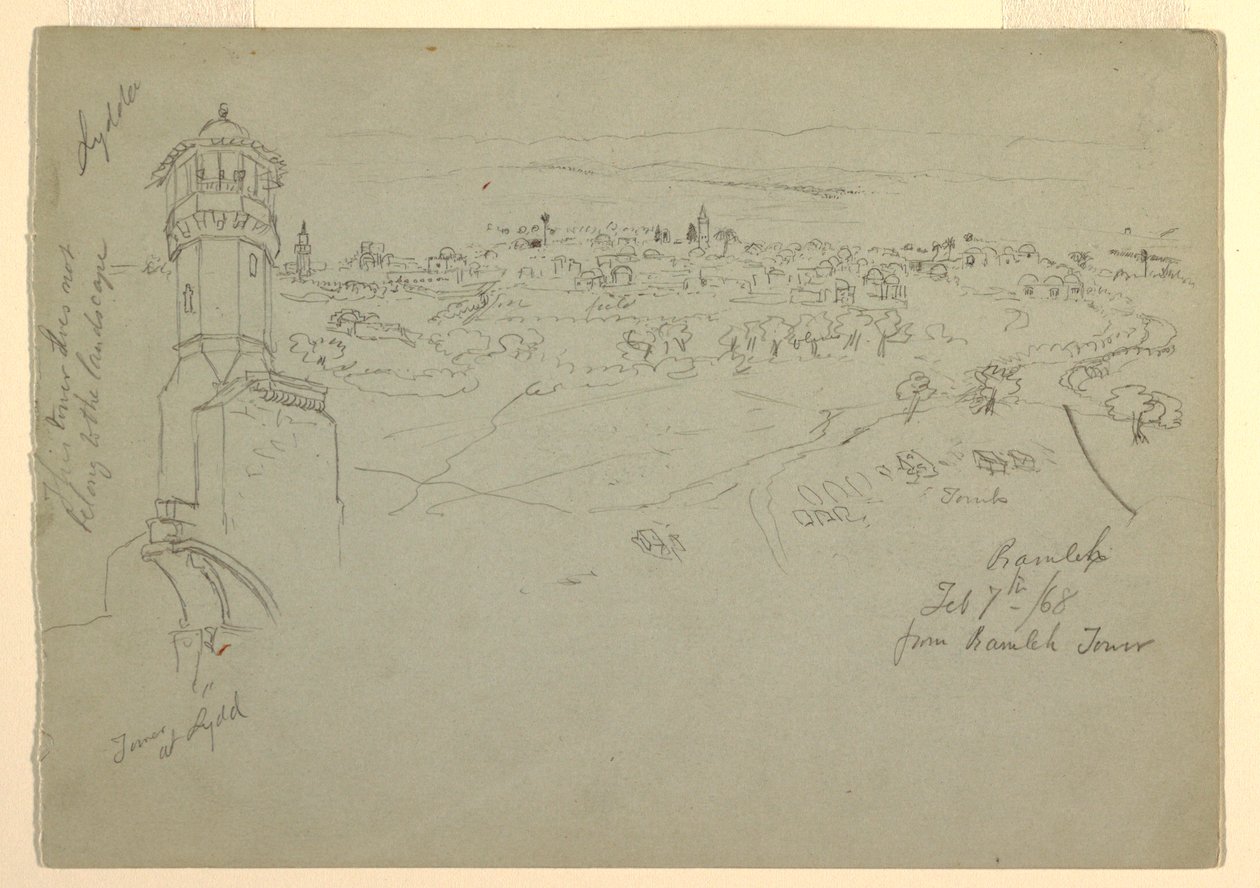 Rajz, Lyddai torony és Ramleh a Ramleh toronyból nézve, Palesztina [Ramleh, Izrael], 1868. február 7. és 10., 1868. február 7. és 10. alkotó: Frederic Edwin Church