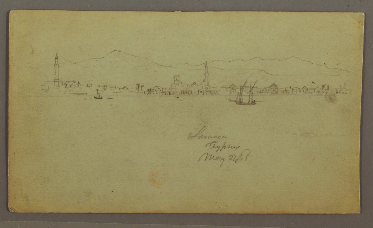 Rajz, Város a tengerparton, mögötte hegyvonulat, 1868. május 27. alkotó: Frederic Edwin Church