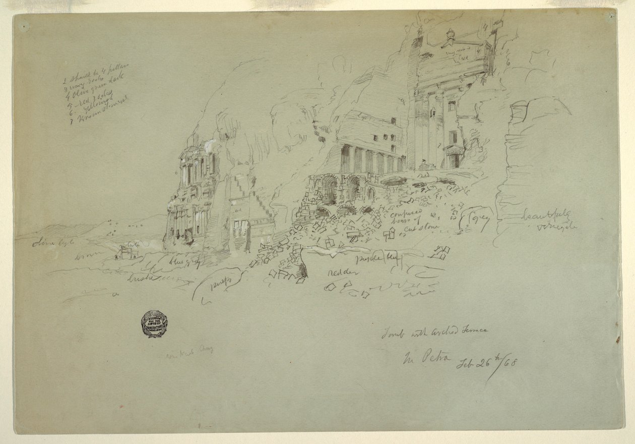 Rajz, urnasír, selyemsír és korinthoszi sír, Petra, 1868. február 26. alkotó: Frederic Edwin Church