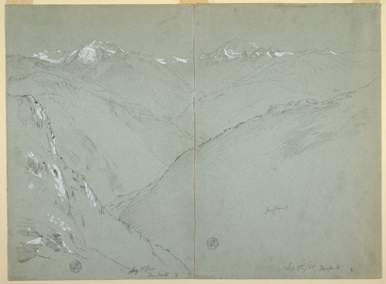 Rajz, Völgyi táj hófödte csúcsokkal, Berni Alpok, Svájc, 1. rész, 1868. szeptember 1. alkotó: Frederic Edwin Church