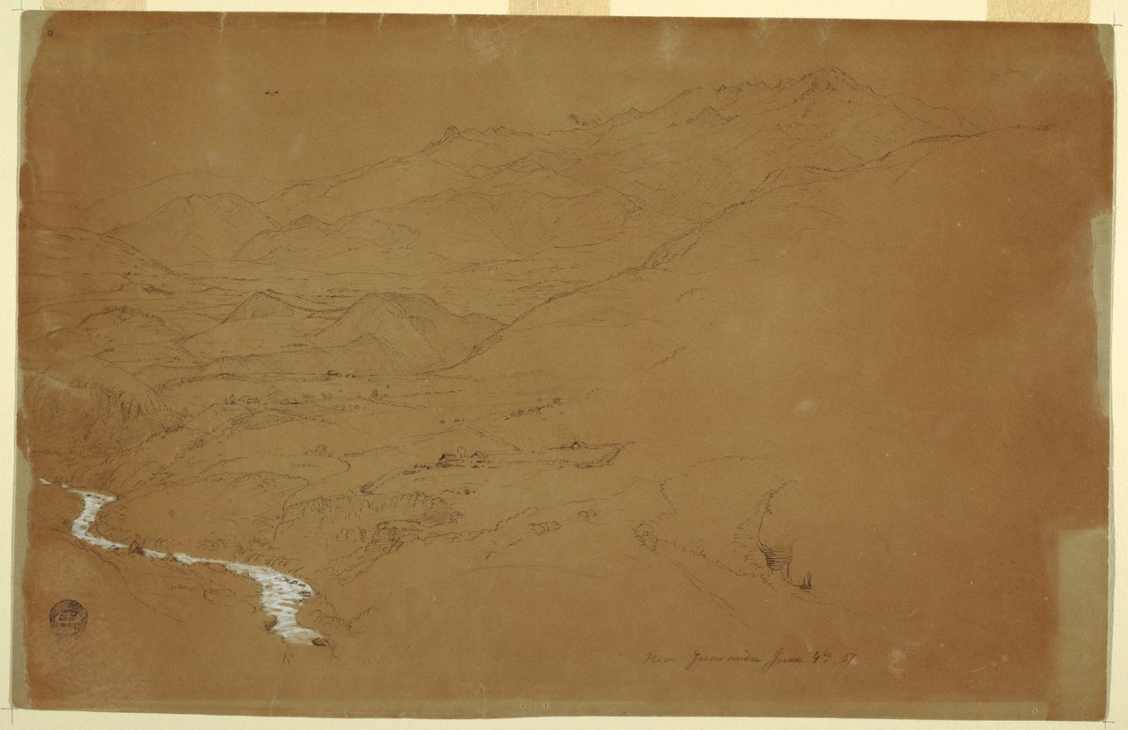 Rajz, patakos völgy és házak, Guaranda közelében, Ecuador, 1857. június 4. alkotó: Frederic Edwin Church