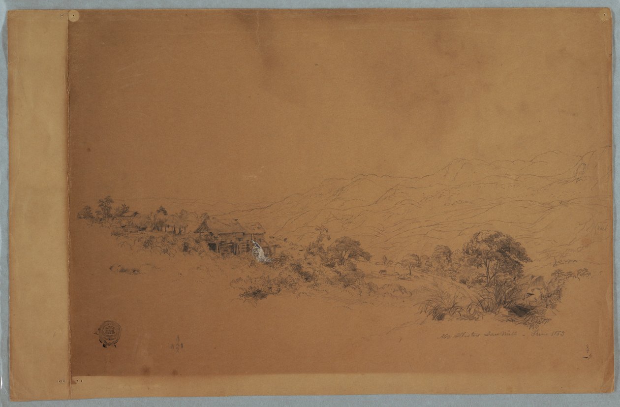 Rajz, völgy a McAllisters fűrészmalommal, Kolumbia, 1853. június alkotó: Frederic Edwin Church