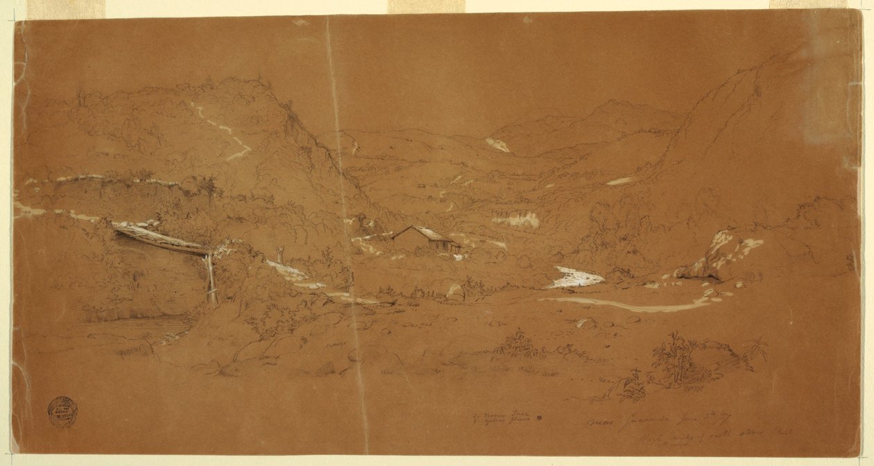 Rajz, völgy híddal és házakkal, Guaranda közelében, Ecuador, 1857. június 5. alkotó: Frederic Edwin Church