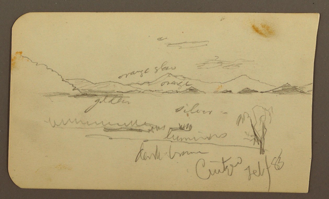 Rajz, Kilátás a tópart közelében, Cuitzeo; hátoldal: Kilátás a tópart közelében, Cuitzeo, 1885. február alkotó: Frederic Edwin Church