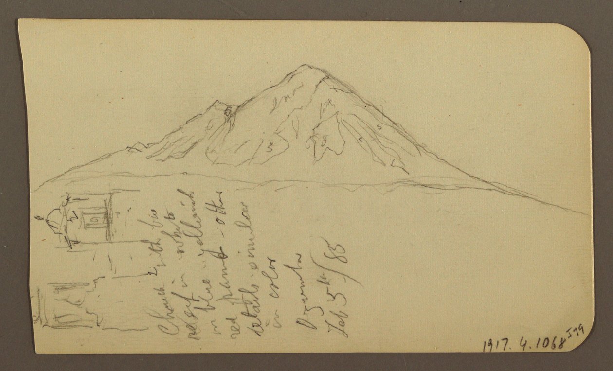 Rajz, Kilátás a tópart közelében, Cuitzeo; hátoldal: Kilátás a tópart közelében, Cuitzeo, 1885. február alkotó: Frederic Edwin Church
