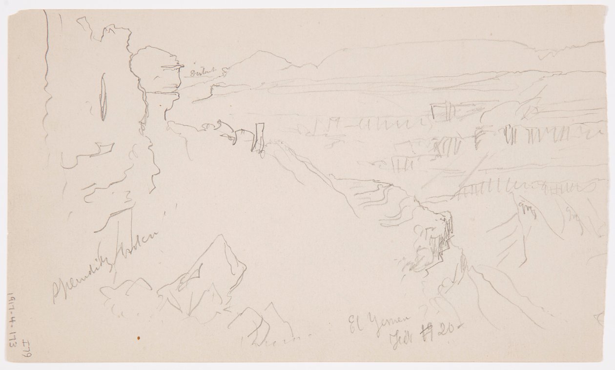 Rajz, Kilátás a dombokon és síkságon át a hegyek felé, El Jemen völgye, 1868. február alkotó: Frederic Edwin Church