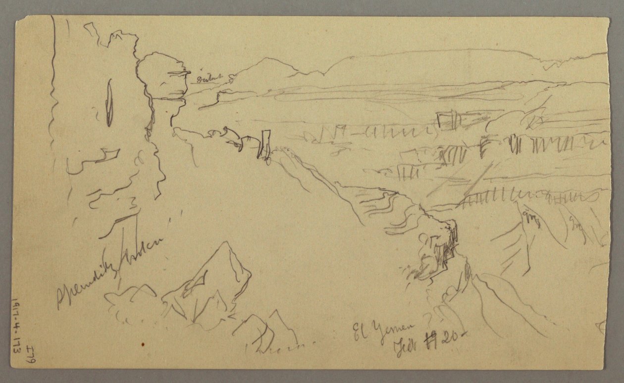Rajz, Kilátás a dombokon és síkságon át a hegyek felé, El Jemen völgye, 1868. február alkotó: Frederic Edwin Church