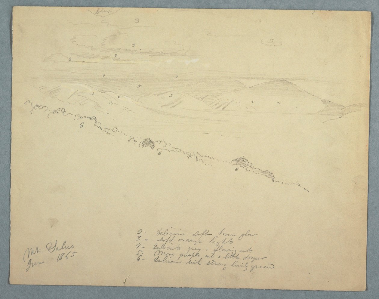 Rajz, Kilátás a Salus hegyről, Jamaica, 1865. június alkotó: Frederic Edwin Church