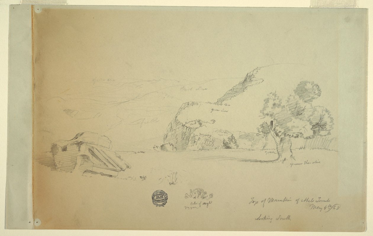 Rajz, Kilátás a Suk wadi nyugati dombjáról, 1868. május 4. alkotó: Frederic Edwin Church