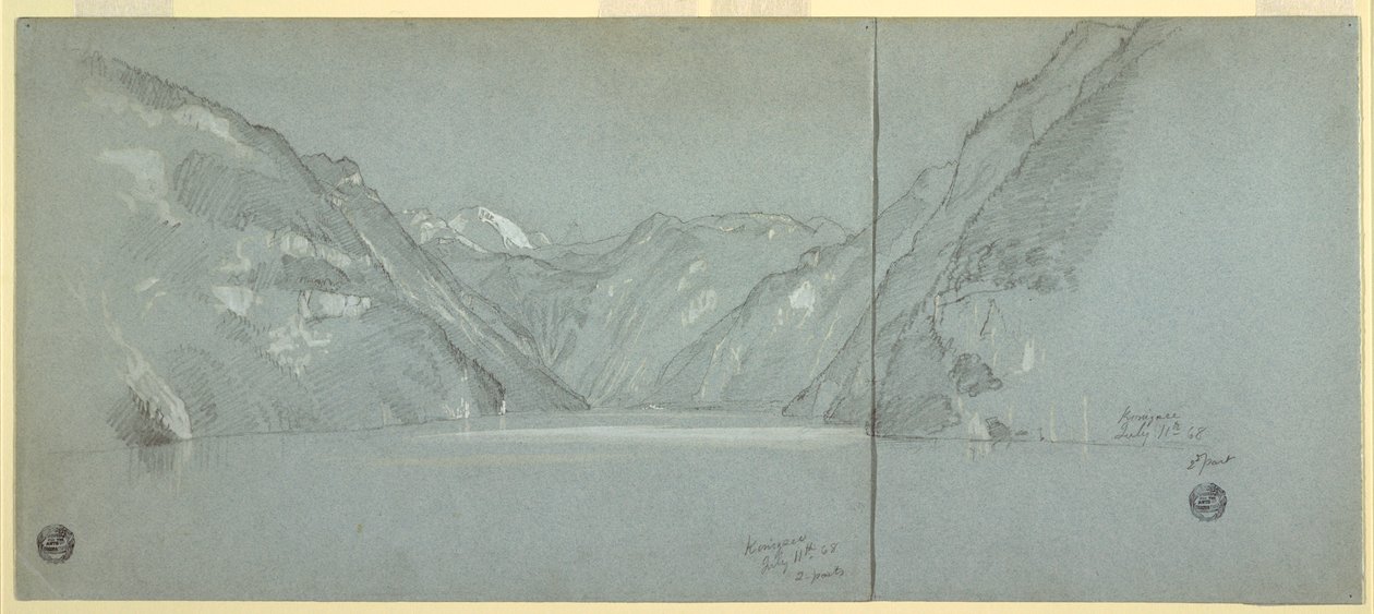 Rajz, A Königssee és a Falkenstein-tó látképe, Berchtesgaden közelében, Bajorország, Németország, 2. rész, 1868. július 11. alkotó: Frederic Edwin Church