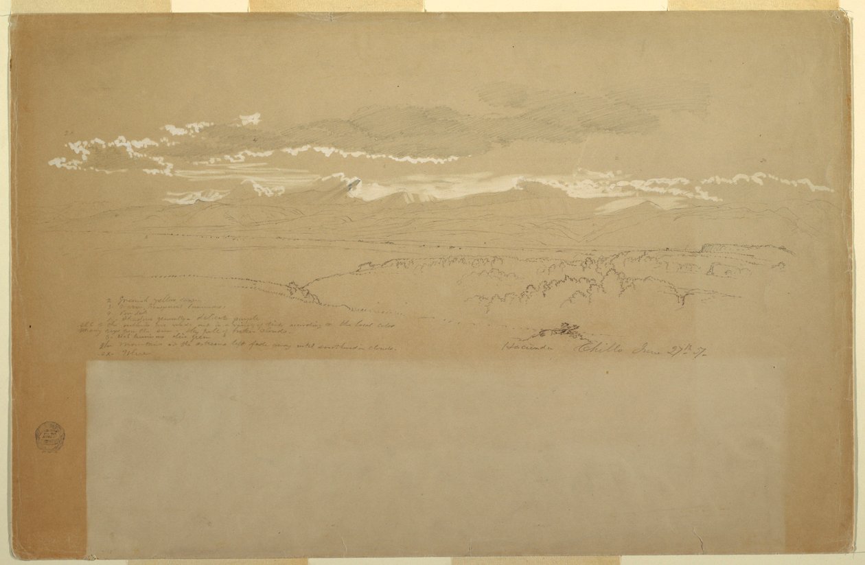 Rajz, Hegyvidéki kilátás, Ecuador, 1857. június 27. alkotó: Frederic Edwin Church