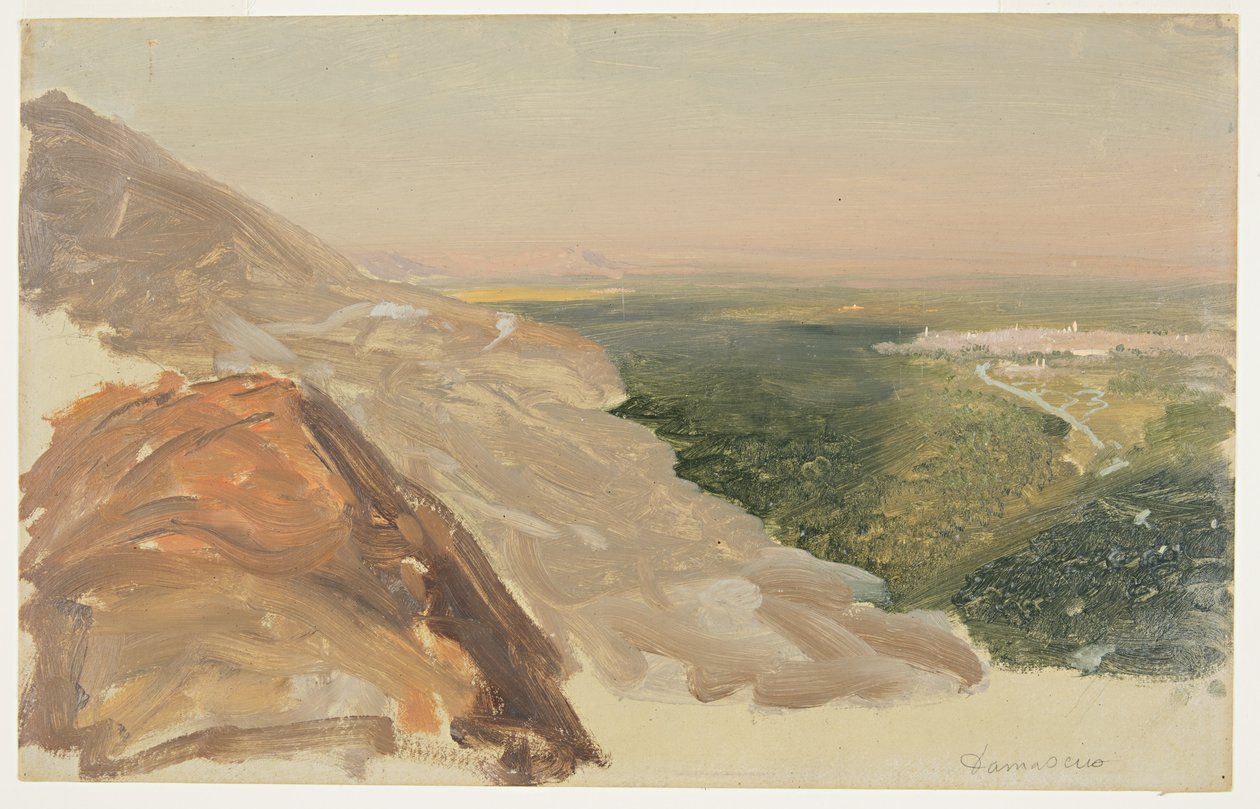 Rajz, Egy síkság látképe Damaszkusszal, Szíria, a hegyek felől., 1868. május alkotó: Frederic Edwin Church