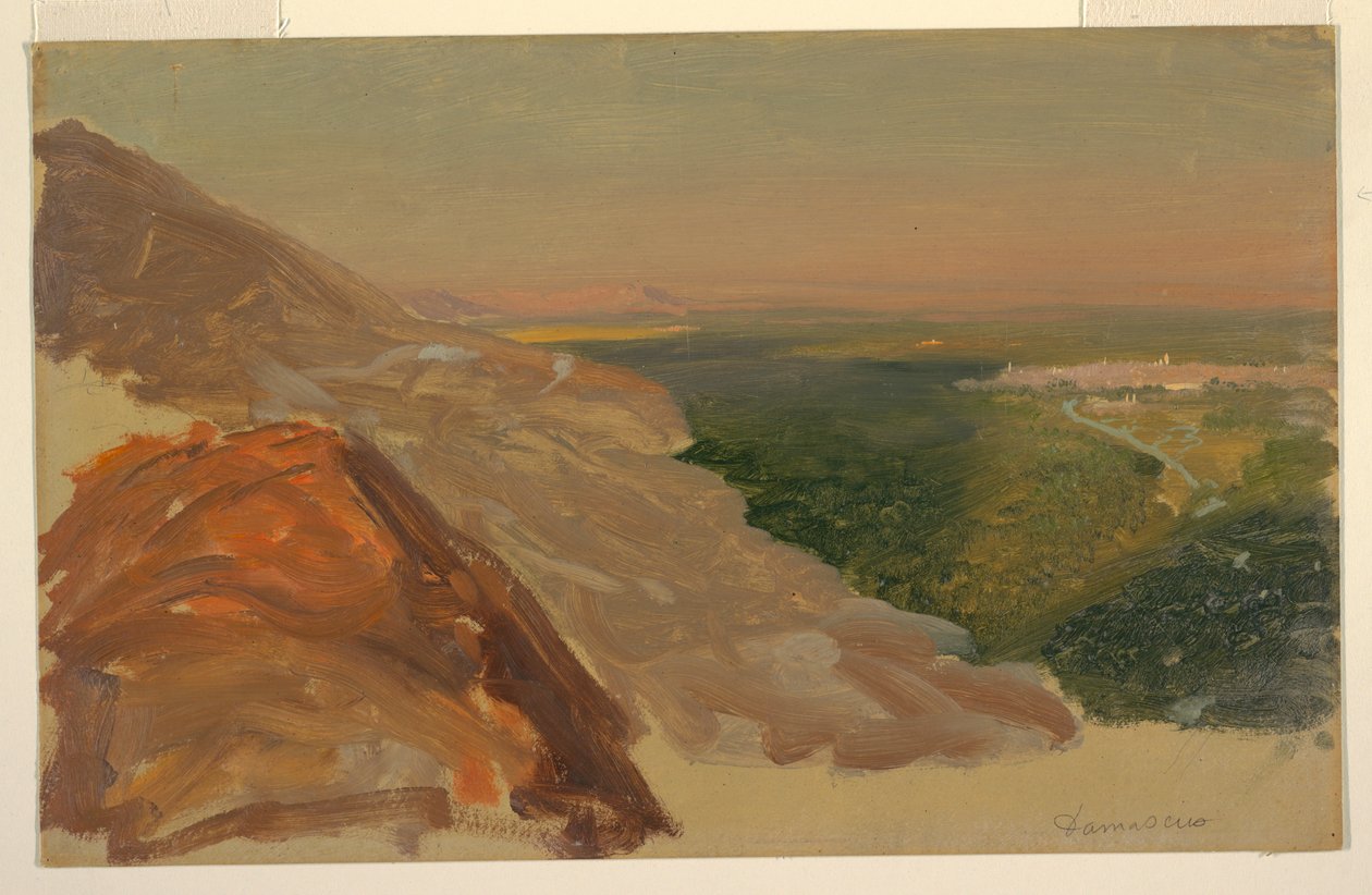 Rajz, Egy síkság látképe Damaszkusszal, Szíria, a hegyek felől., 1868. május alkotó: Frederic Edwin Church