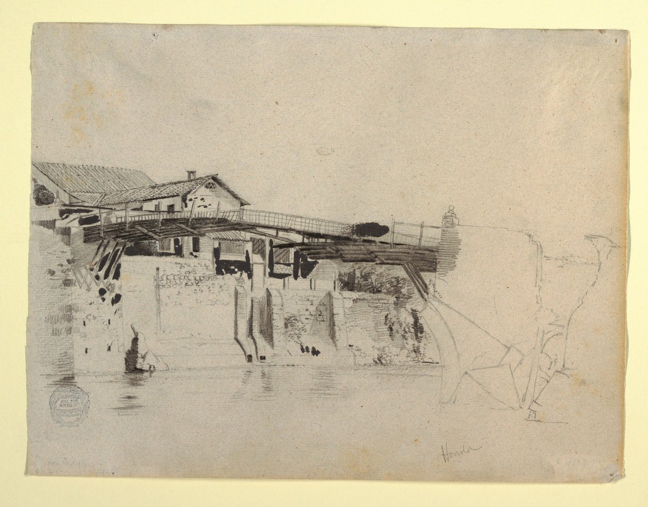 Rajz, A híd és a házak nézete Hondában, Kolumbia, 1853 alkotó: Frederic Edwin Church
