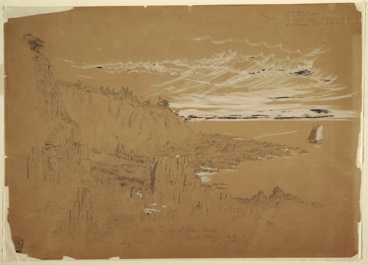 Rajz, "Kilátás a délnyugati fejre, Grand Manan-sziget, Fundy-öböl, Kanada", 1851. augusztus alkotó: Frederic Edwin Church